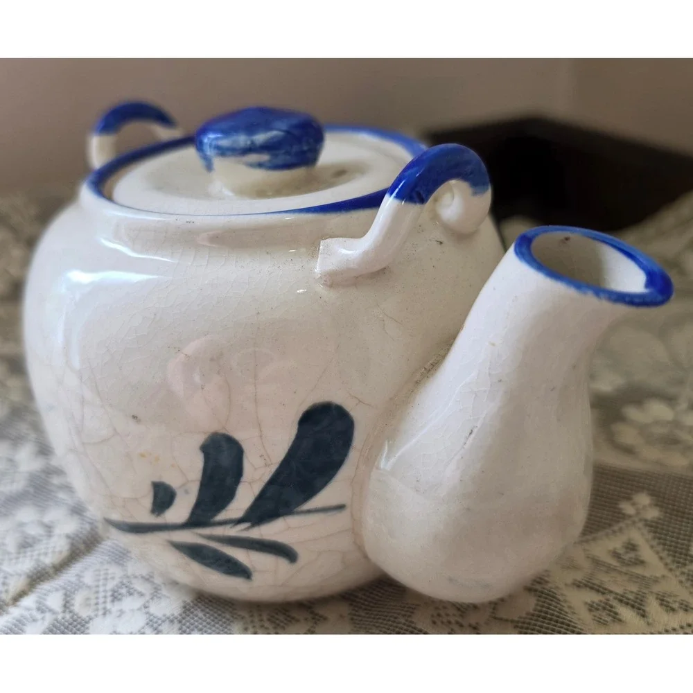 Vtg Made in Japan Hand Painted Flower Tea Pot Blue Red Floral Crazing Glaze
